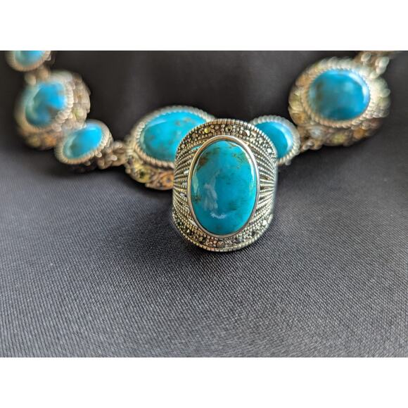 925 Turquoise & Multi-Gem Necklace & Turquoise Cabochon Ring Sterling Sz 9.5 - Picture 4 of 12
